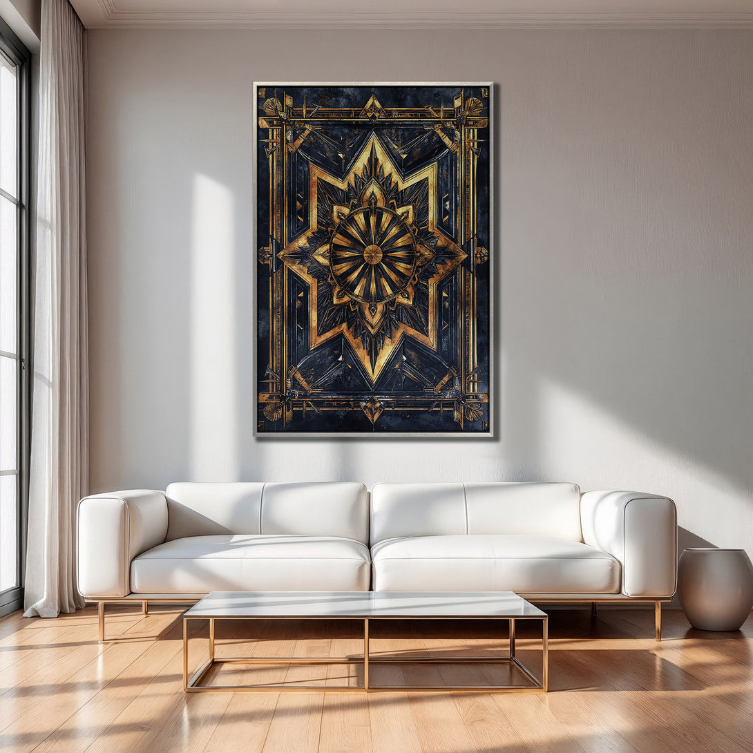 Framed Wall Art: Geometric gold & black design Canvas Print. Modern art deco style, perfect for living room decor. Elevate your space with luxury.