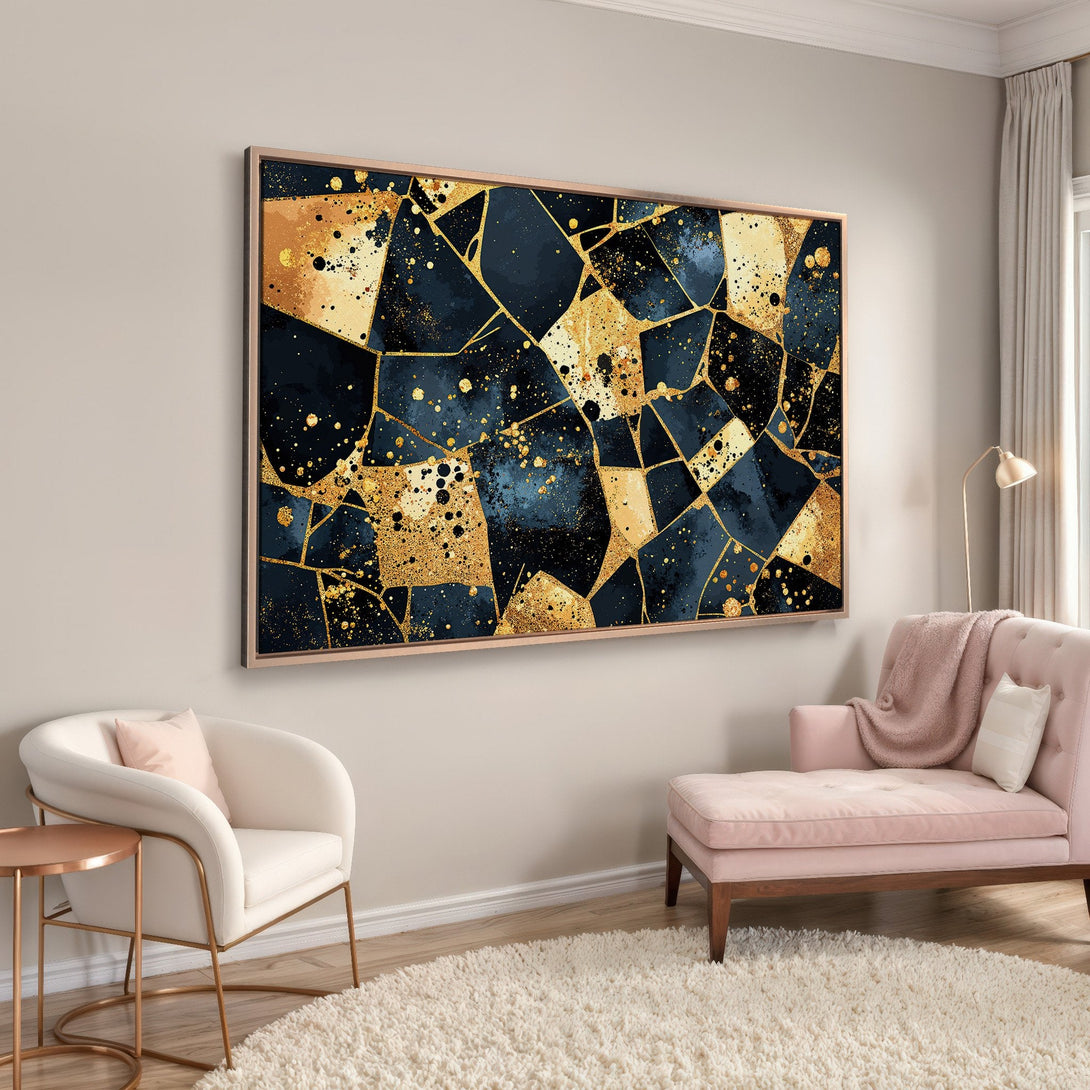 Framed Wall Art: Abstract gold and navy blue design. Modern canvas print adds a touch of luxury to any interior. Shop now!