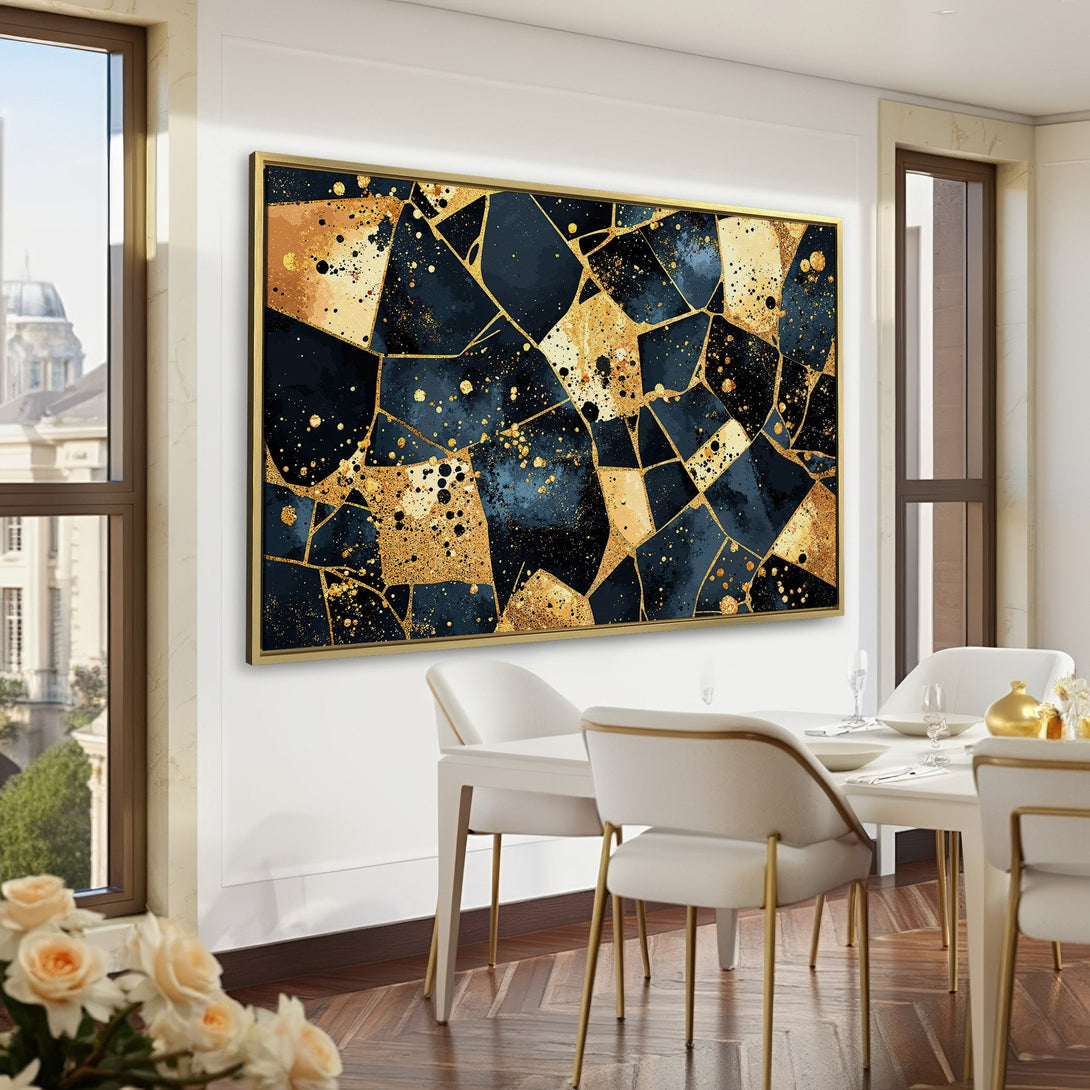 Canvas Print: Abstract gold and navy artwork in a luxurious interior. Modern art with a striking, elegant color palette. Perfect wall decor!