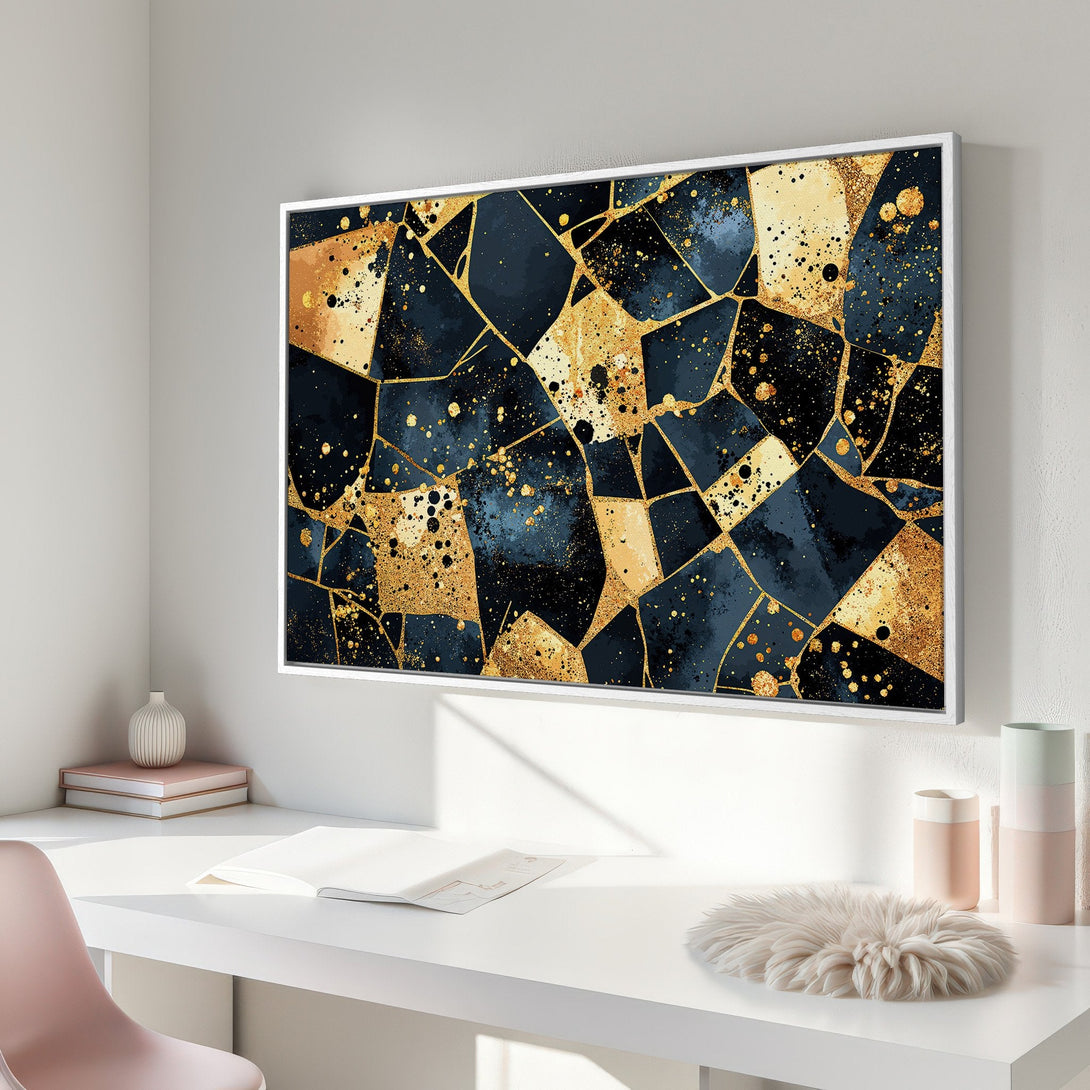Framed Wall Art: Abstract gold and navy blue geometric design Canvas Print. Modern art for home decor with a luxurious color palette.