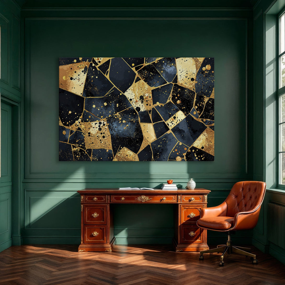 Framed Wall Art: Abstract geometric design in navy, gold, and beige. Modern canvas print adds luxury to dining room decor.