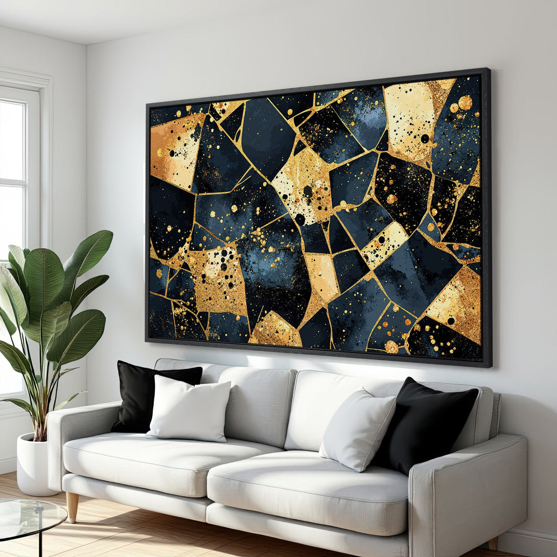 Framed Wall Art: Abstract gold and navy blue mosaic canvas print. Modern art decor with a luxurious color palette, perfect for living room or bedroom.