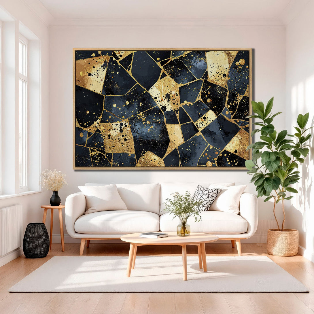 Framed Wall Art: Abstract gold and navy blue geometric design Canvas Print, modern art for living room decor. Adds a touch of elegance.