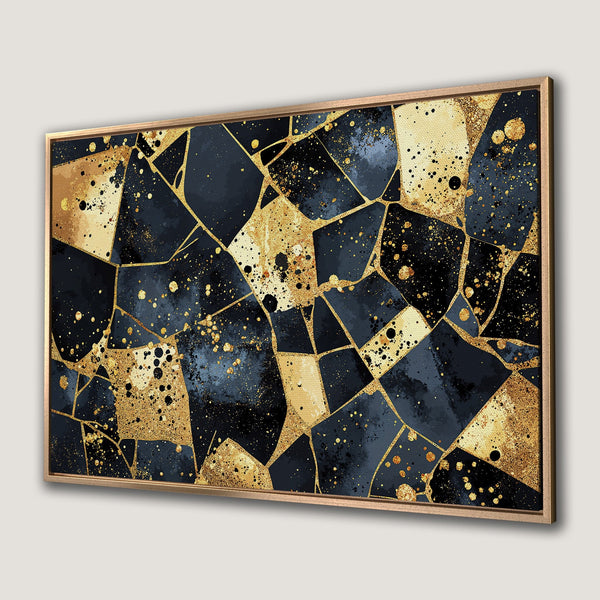 Framed Wall Art: Abstract geometric design in navy, black, and gold. Modern canvas print for a touch of luxury and style.