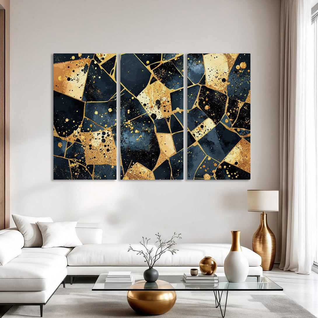 Abstract Canvas Print in navy, gold, and beige. Modern art adds elegance to any interior. Shop now for stylish wall decor!