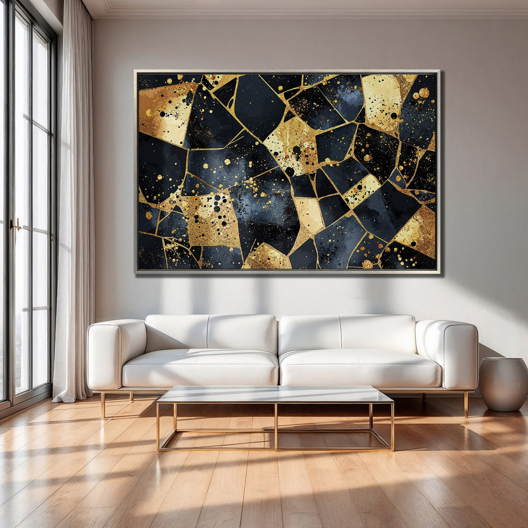 Framed Wall Art: Abstract gold and navy blue art print. Modern decor with a luxurious feel, perfect for living rooms.