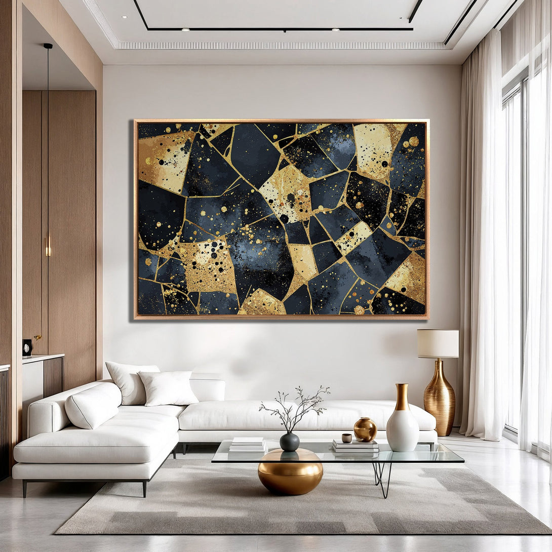 Framed Wall Art: Abstract gold and navy blue canvas print. Modern art piece with a luxurious, contemporary design. Perfect for home decor.