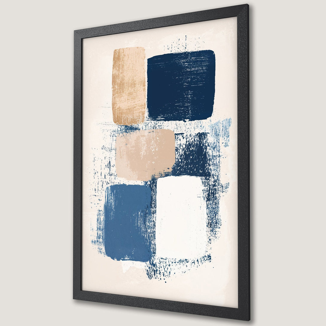 Framed Poster featuring abstract brushstroke art in navy, beige, and white. Modern wall decor for any space.
