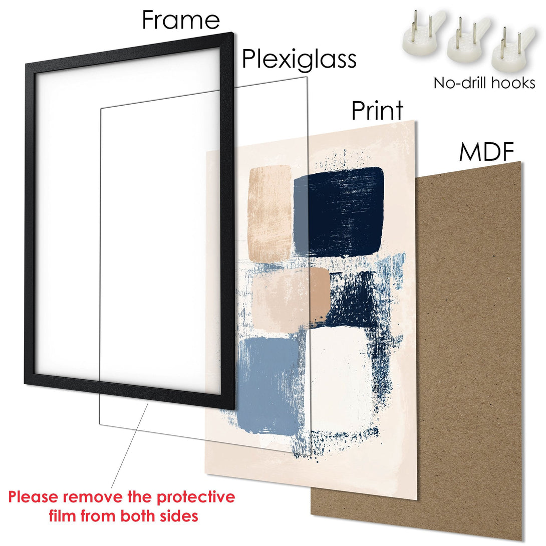 Framed Poster: Abstract art print with navy, beige, and blue brushstrokes. Modern wall decor for your home.