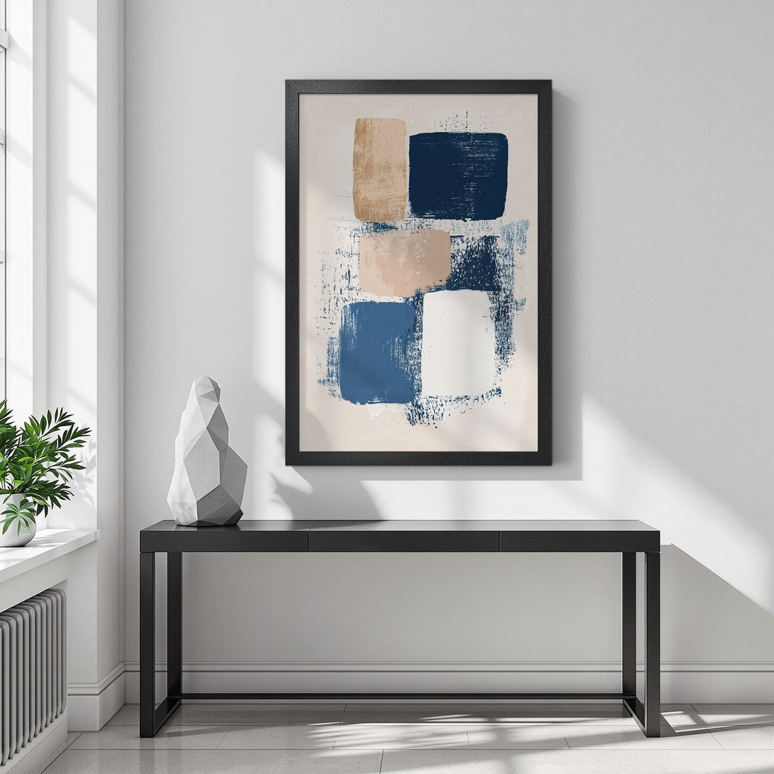 Framed Poster featuring abstract brushstroke art in navy, beige, and white. Modern style, perfect for any space.