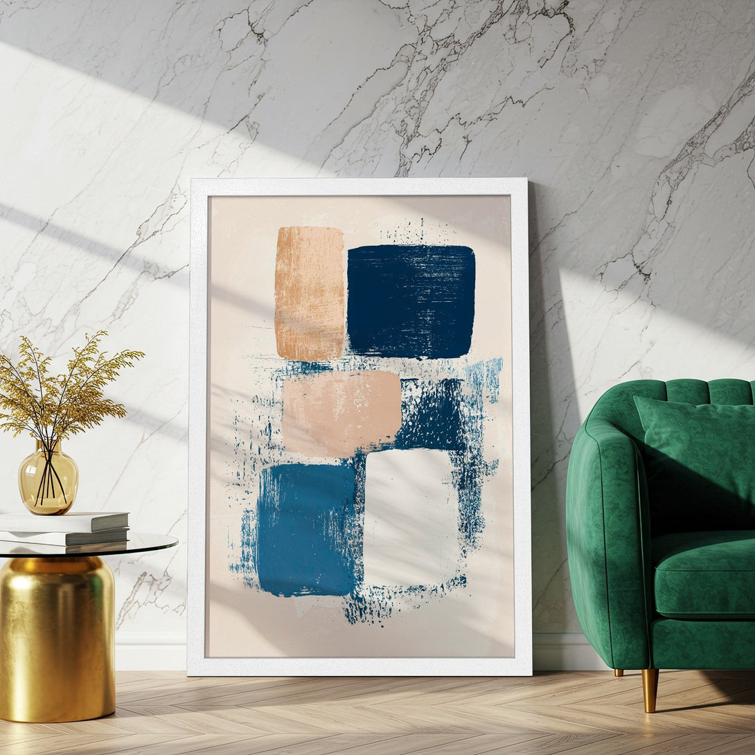 Framed Poster featuring abstract brushstroke art in navy, beige, and blush tones. Modern art for your home!
