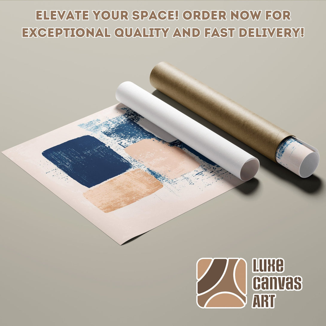 Abstract art poster roll with navy, beige, and blush tones. Elevate your space with this modern Poster! Order now for fast delivery.