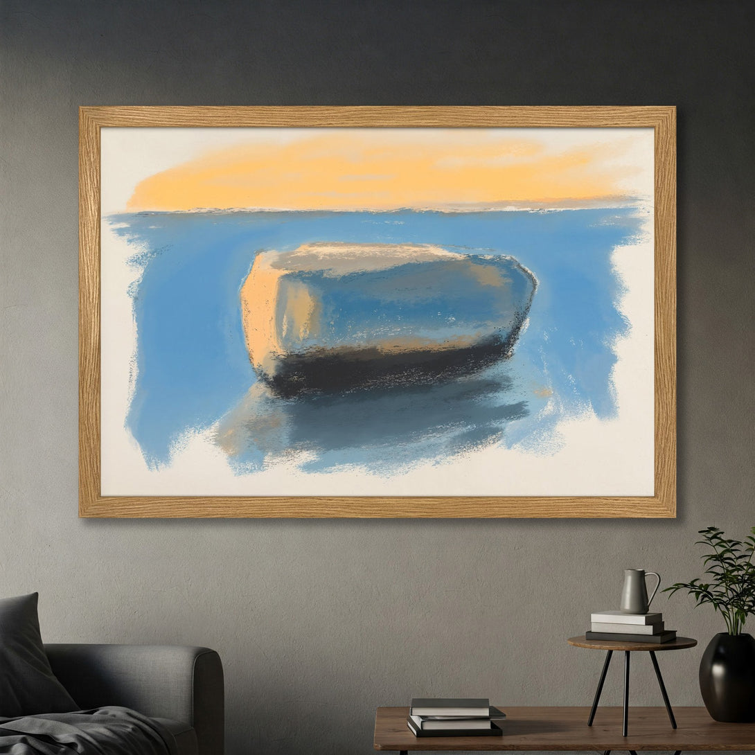 Framed Poster of an abstract boat painting in blue, yellow, and neutral tones. Perfect wall art for your home!