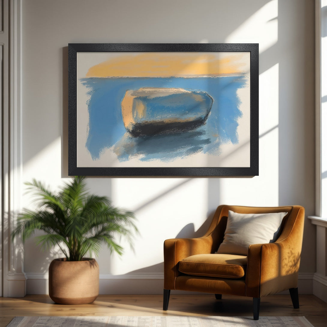 Framed Poster featuring abstract boat art in blue, yellow, and beige tones. Perfect for modern home decor.