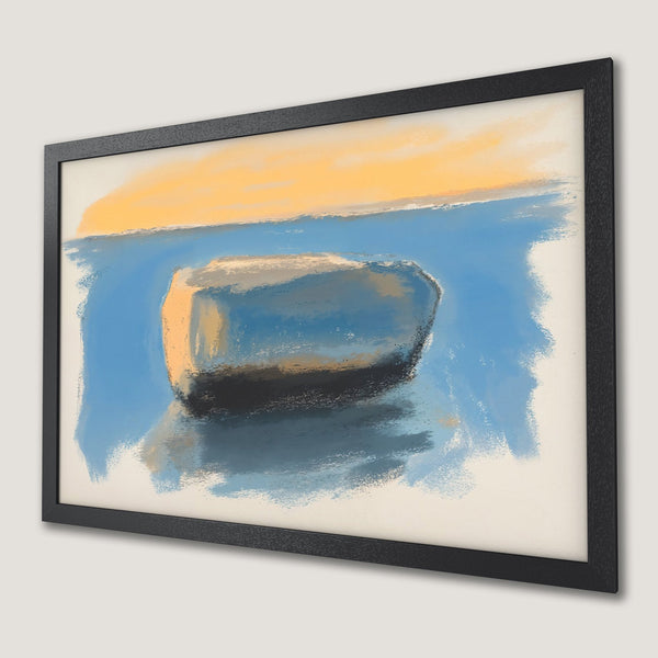 Framed Poster: Abstract boat art print in blue, yellow, and neutral tones. Perfect wall decor for any room!