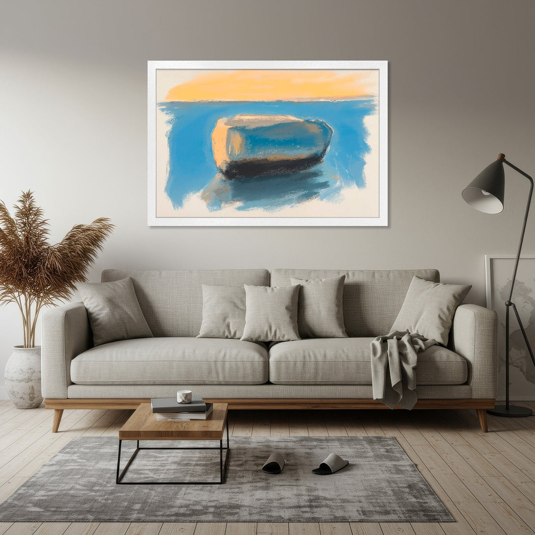 Framed Poster featuring an abstract boat painting in blue, orange, and beige. Modern art style, perfect for home decor.