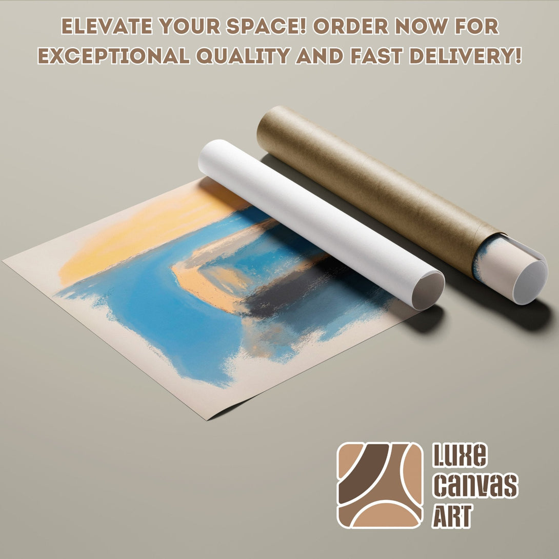 Abstract art Poster Roll with blue, yellow, and neutral tones. Elevate your space with Luxe Canvas Art!
