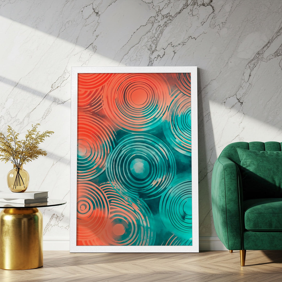 Framed Poster with abstract circle design in coral and teal. Modern art for your home decor.