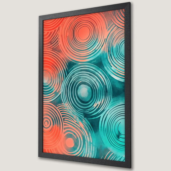 Framed Poster featuring abstract watercolor circles in coral and teal. Modern art print for home decor.