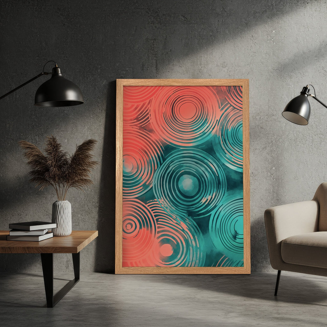 Framed Poster with abstract circle design in coral and teal. Modern art print for home decor.