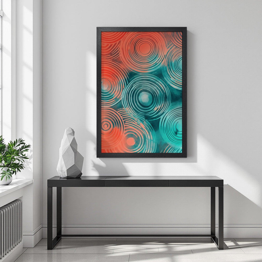 Framed Poster featuring abstract circle design in teal and coral. Modern art print to elevate your space.