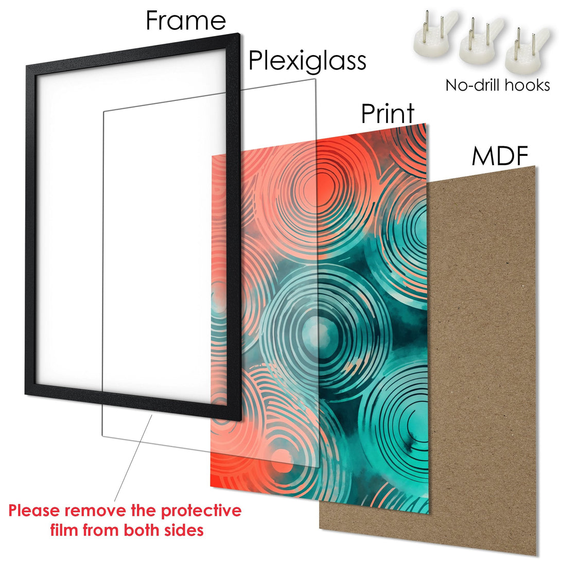 Framed Poster with abstract design in teal and coral. Modern wall art for home decor. Includes frame, plexiglass, and no-drill hooks.