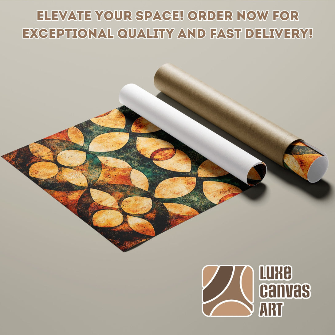 Abstract art Poster Roll in warm orange, green, and brown tones. Elevate your space!