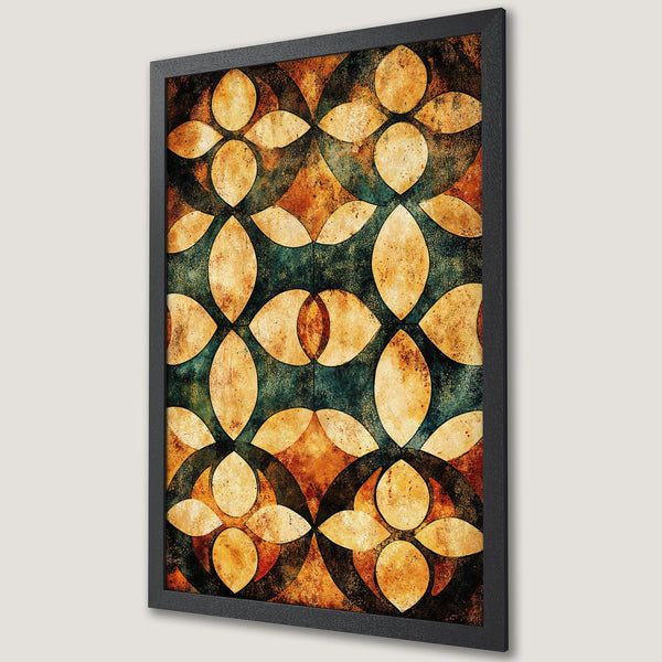 Framed Poster featuring an abstract geometric design in warm earth tones. Perfect wall art for modern decor.