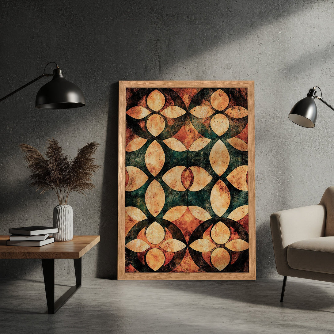 Framed Poster with abstract geometric design in warm orange, teal, and brown tones. Modern art print for home decor.