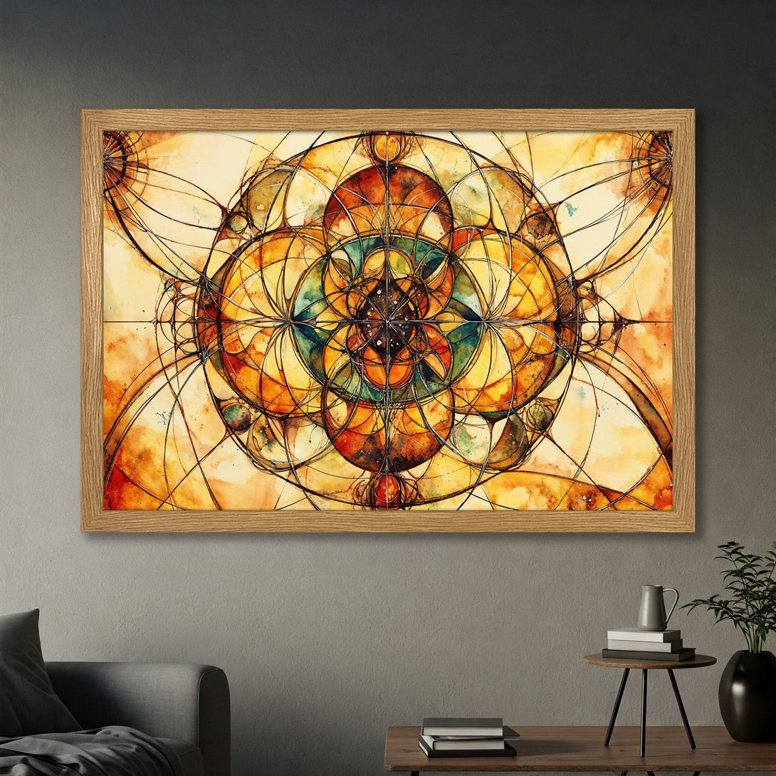 Framed Poster featuring abstract geometric art in warm yellow, orange, and brown tones. Enhance your space with this unique, artistic print!