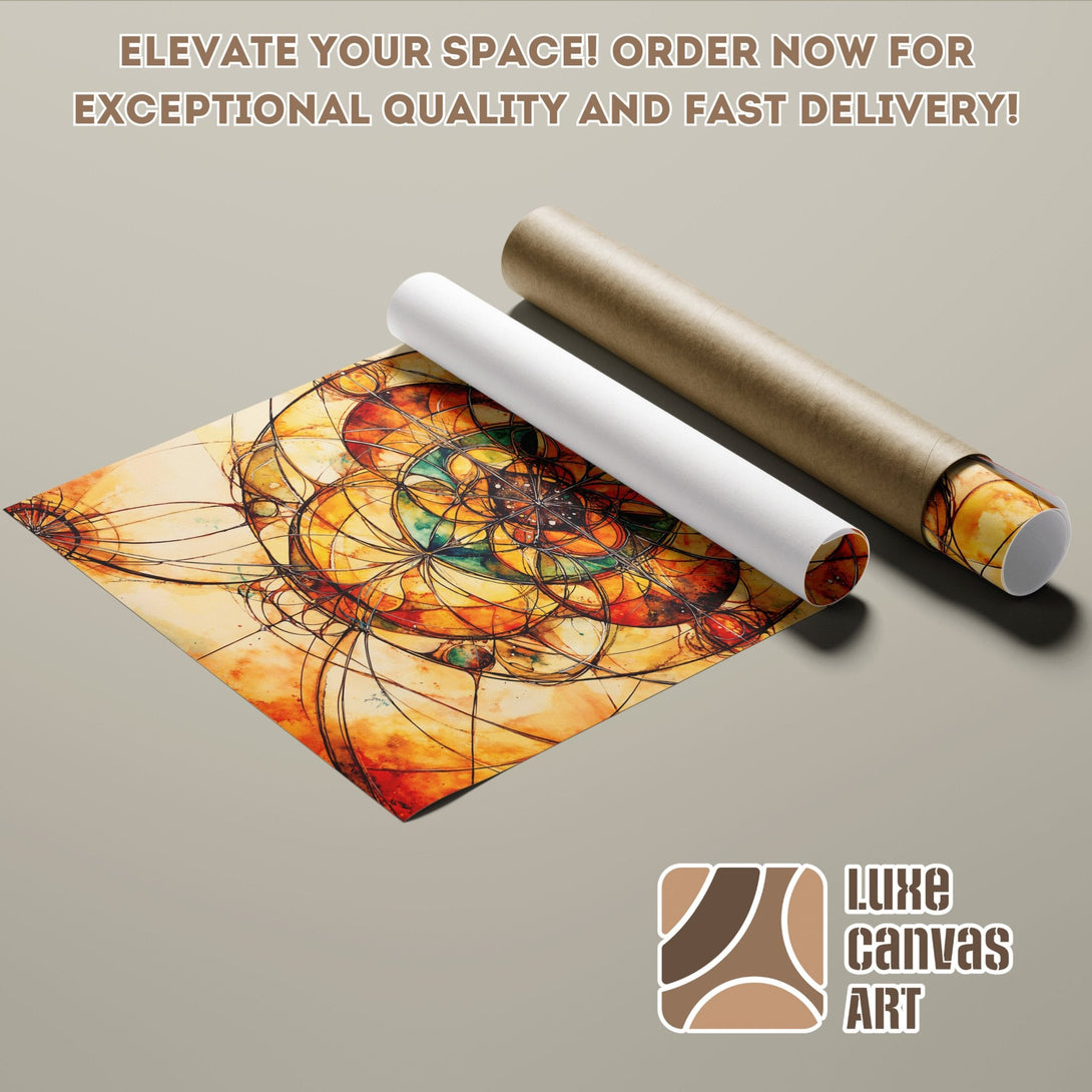 Abstract art poster roll with warm orange and yellow tones, perfect for home decor.