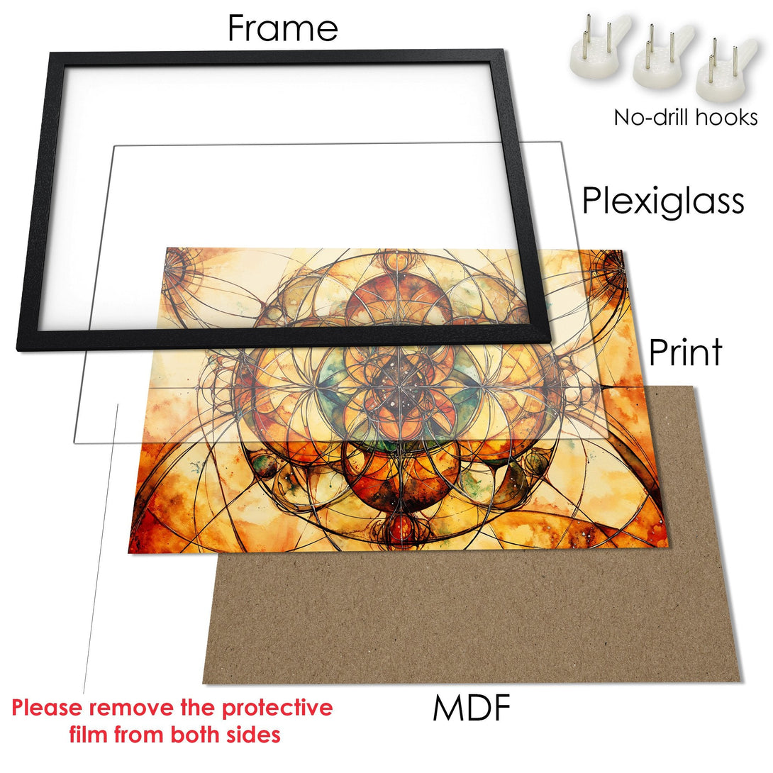 Framed Poster with abstract art in warm orange & yellow hues. Ready to hang! Perfect wall decor.
