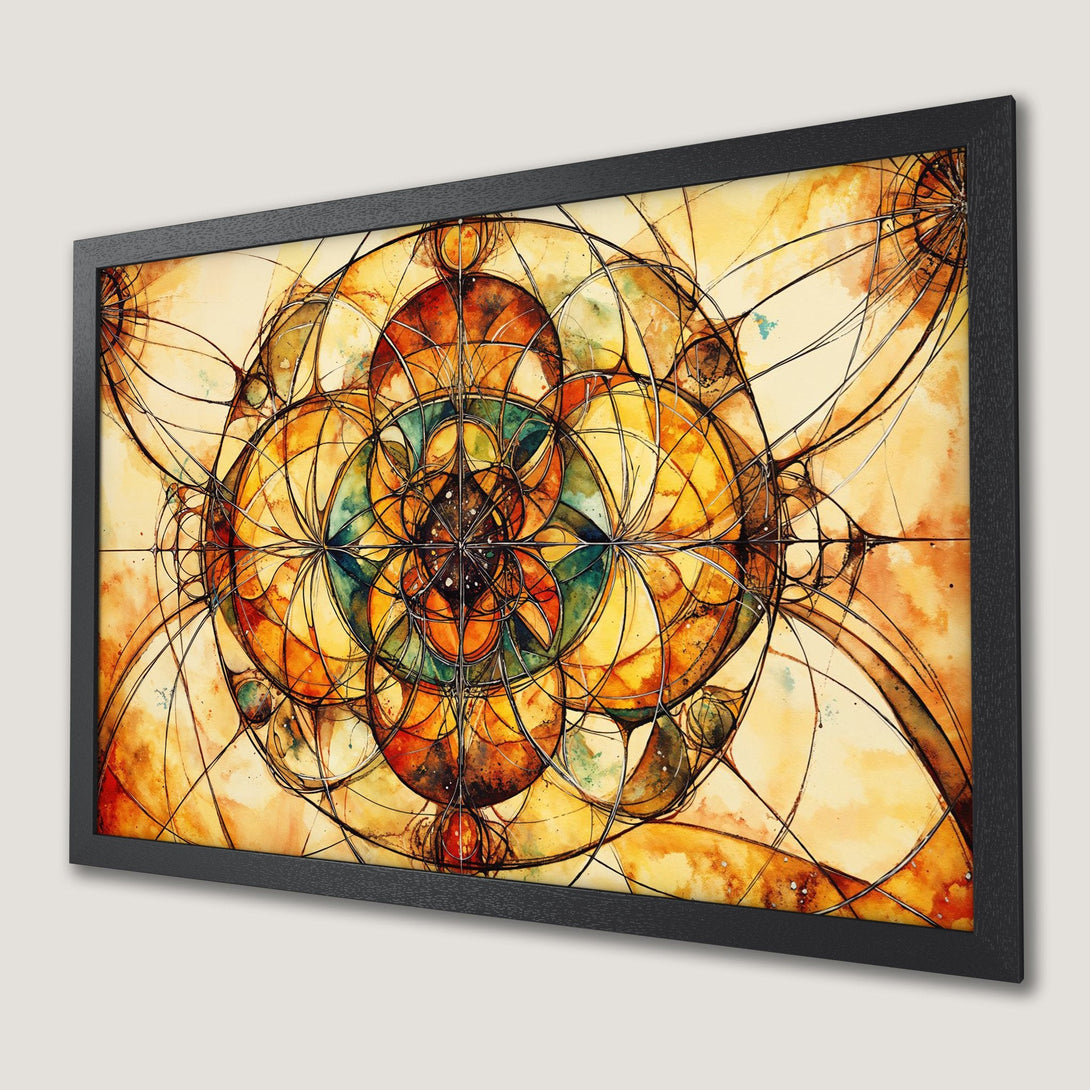 Framed Poster featuring an abstract watercolor design in warm yellow, orange, and brown tones. Enhance your space with this unique art print!