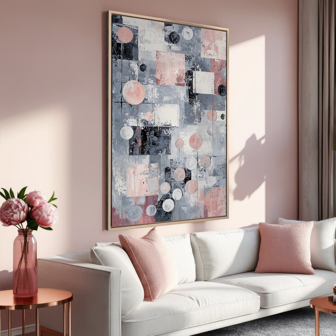 Abstract Canvas Print in blush and gray tones, perfect for modern living room decor. Adds a touch of elegance to any space.