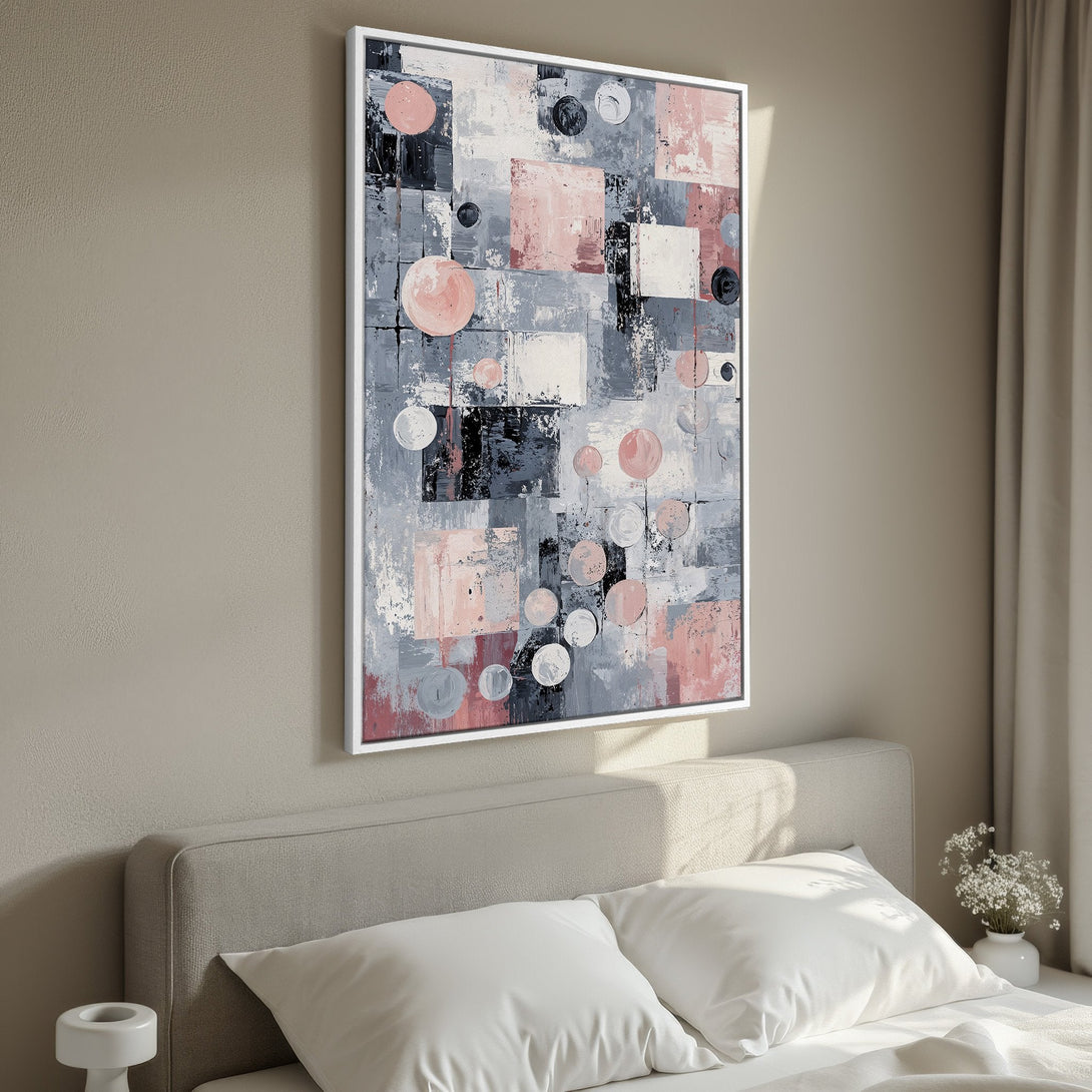 Framed Wall Art abstract painting with pink, gray & black color palette. Modern art canvas print perfect for bedroom decor.
