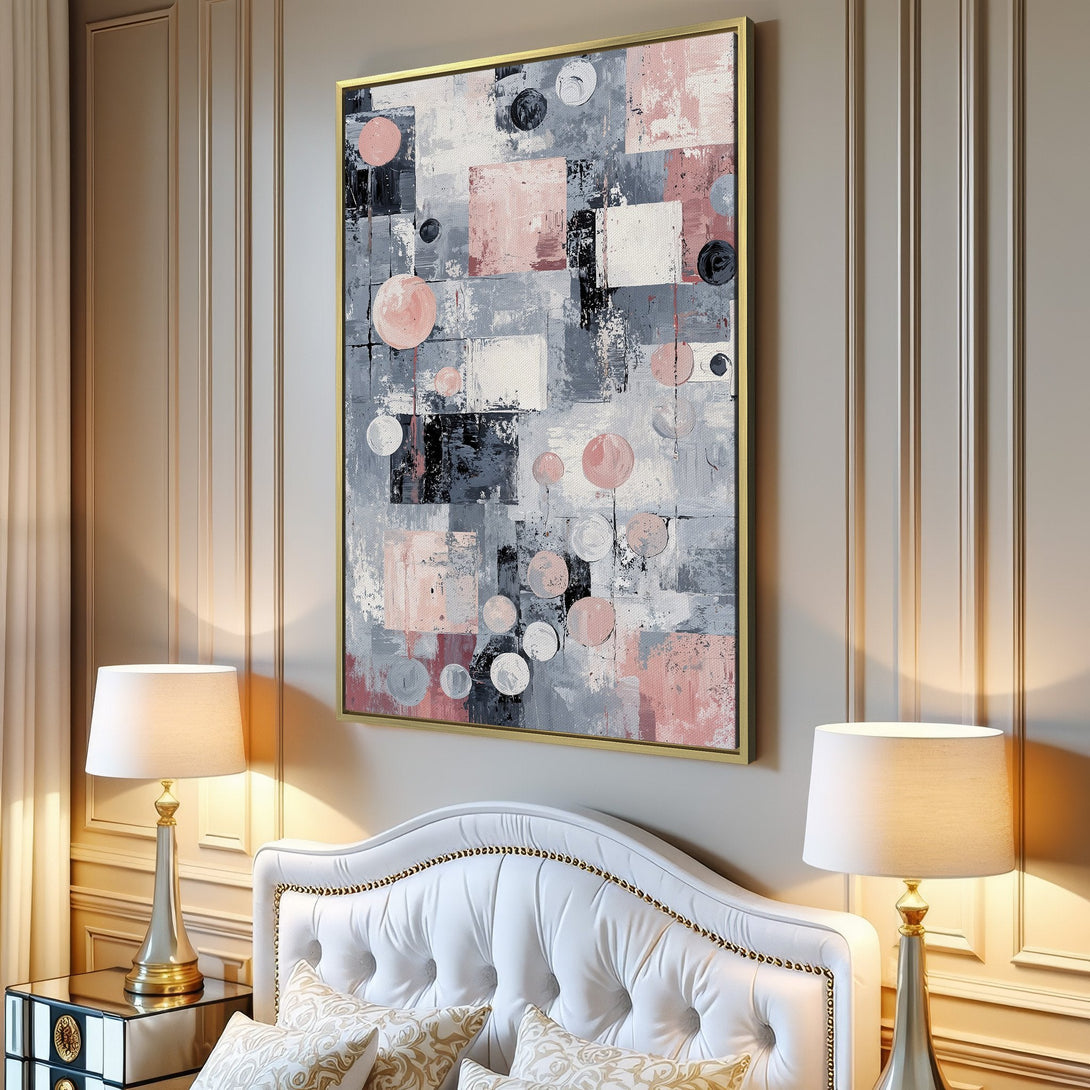 Abstract Canvas Print in a modern interior, featuring geometric shapes and a soft gray, pink, and black color palette. Perfect wall art for any space!