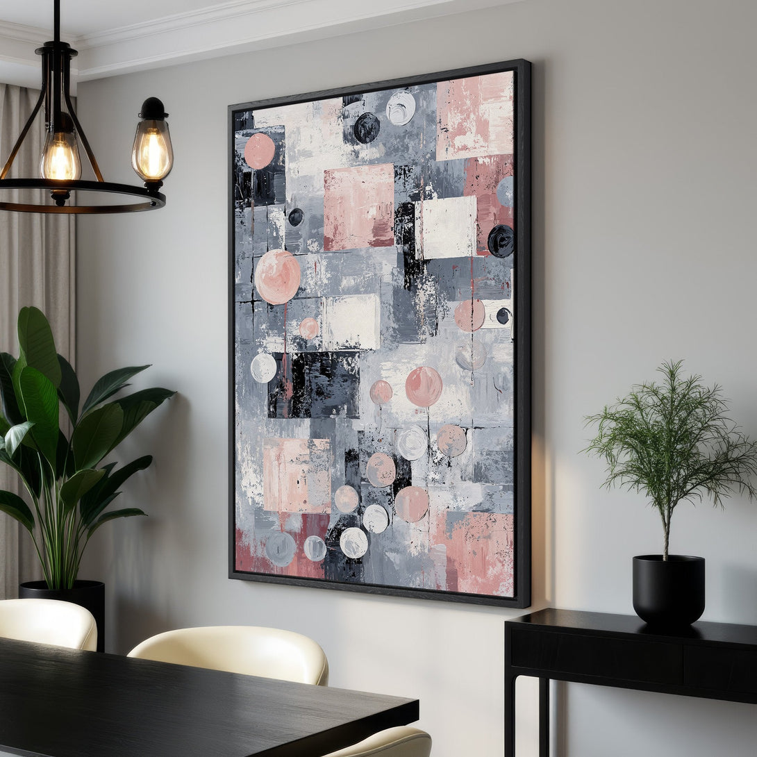 Framed Wall Art: Abstract art canvas print in a modern interior. Features a geometric design with pink, gray, and black color palette, perfect for any room.