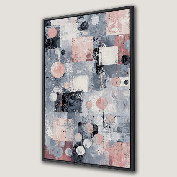 Framed Wall Art: Abstract geometric canvas print in blush pink, gray, and black. Modern art for your home decor.