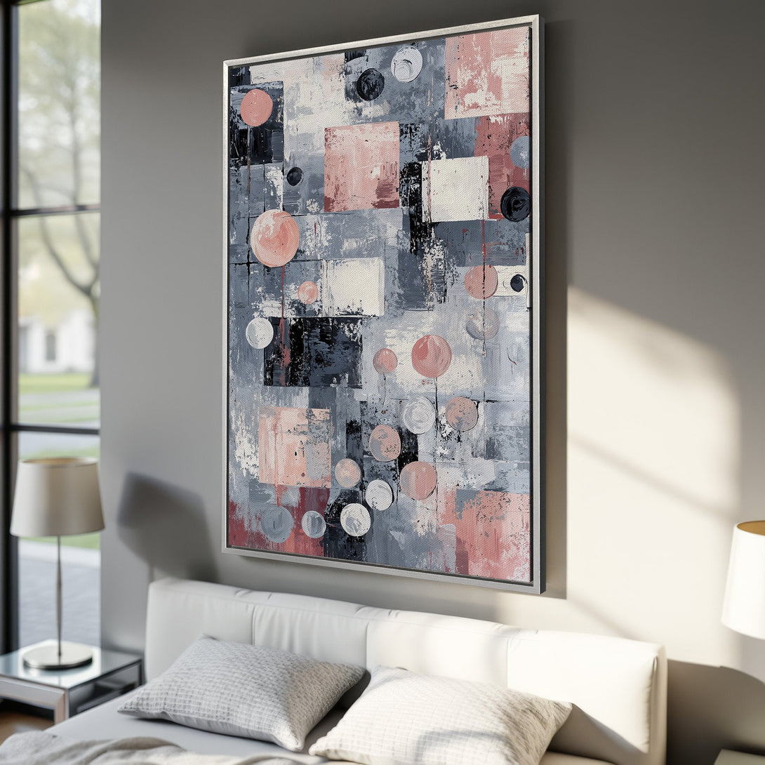 Framed Wall Art: Abstract art print with pink, gray, and black color palette. Modern artwork for bedroom decor. Shop canvas prints and elevate your home style.