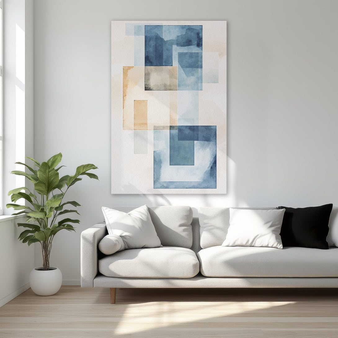 Framed Wall Art featuring abstract watercolor squares in blue and beige tones. Perfect for adding a touch of modern elegance to your bedroom decor.