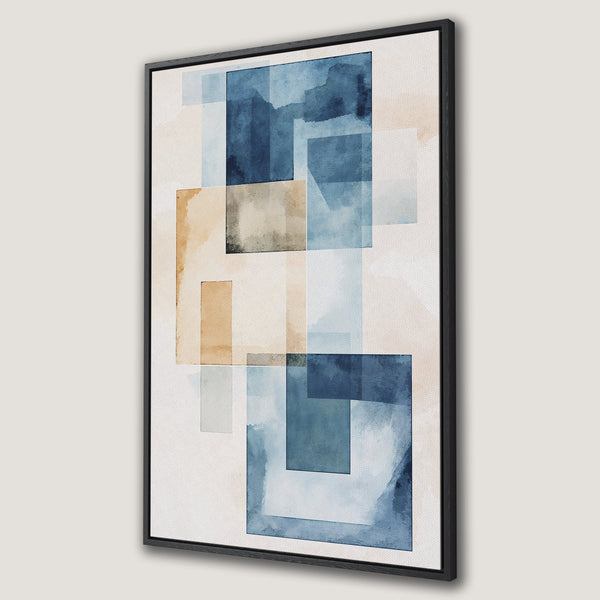 Framed Wall Art featuring abstract watercolor design in blue and beige hues. Modern art for home decor, perfect for adding a touch of elegance.