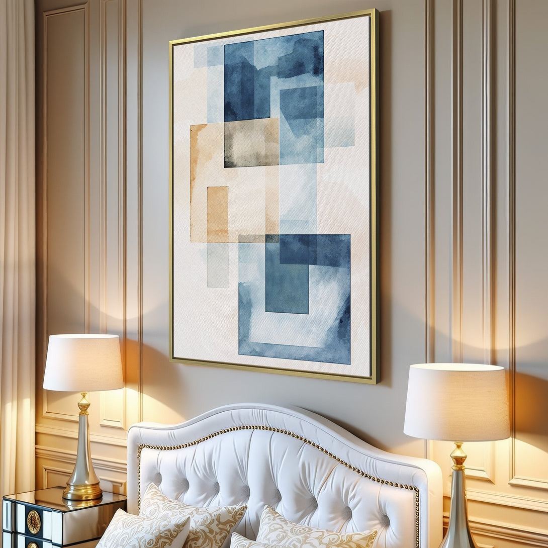 Canvas Print art in modern interior. Abstract geometric design in blue and beige tones. Perfect for living room decor.