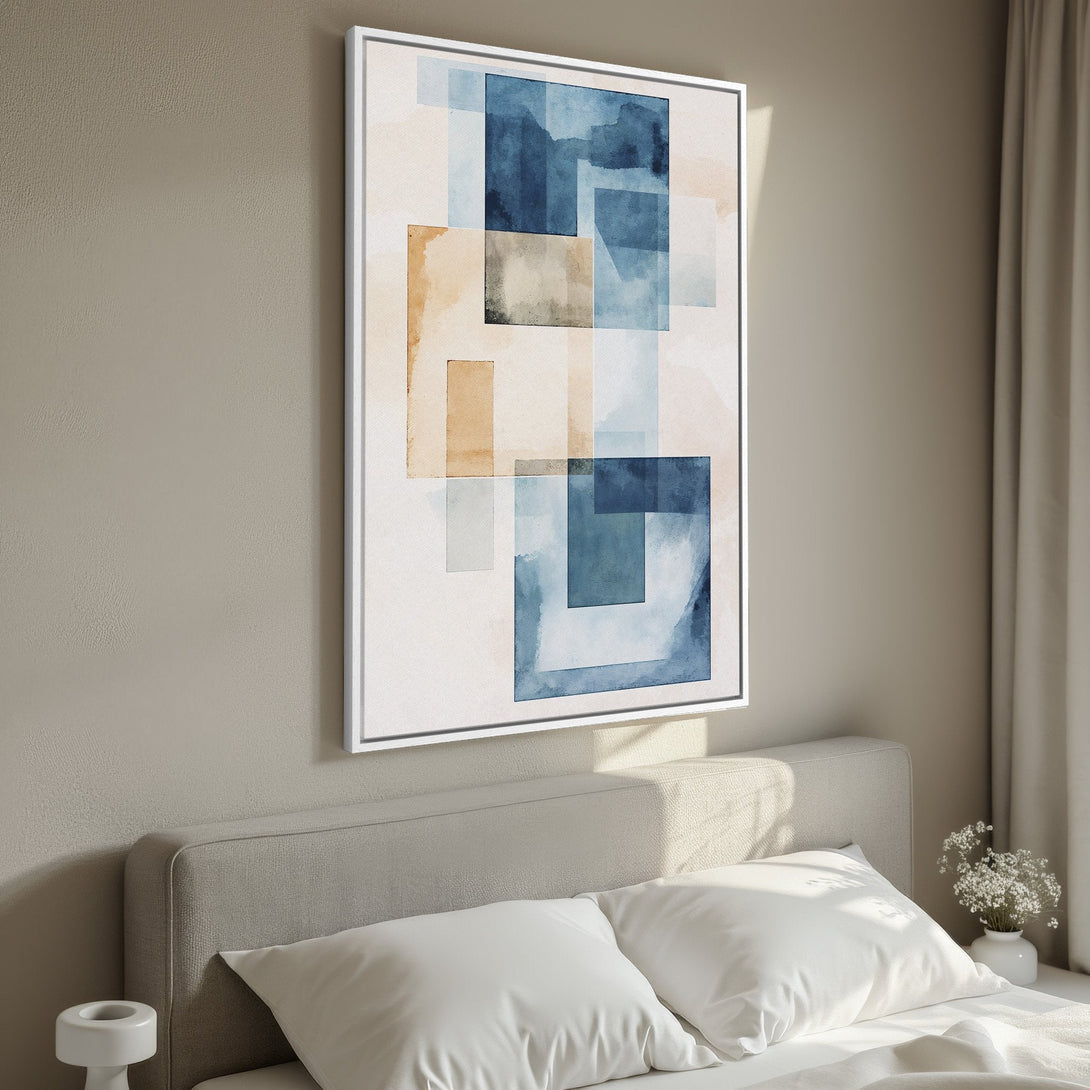 Framed Wall Art featuring abstract watercolor squares in blue and beige tones. Perfect for adding a modern touch to any bedroom or living space. Shop now!