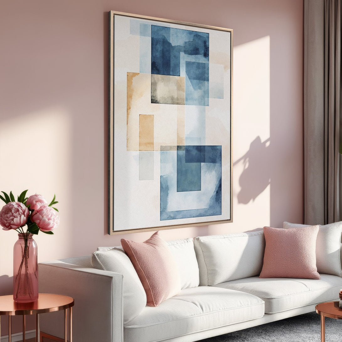 Framed Wall Art: Abstract watercolor art in blue and beige tones. Modern Canvas Print adds a touch of elegance to any living room with a blush pink and neutral color palette.