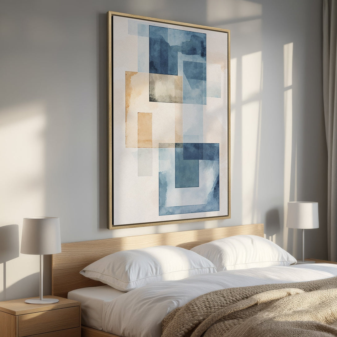 Framed Wall Art featuring abstract watercolor shapes in blue and beige hues. Modern art for bedroom decor, adds a touch of tranquility.