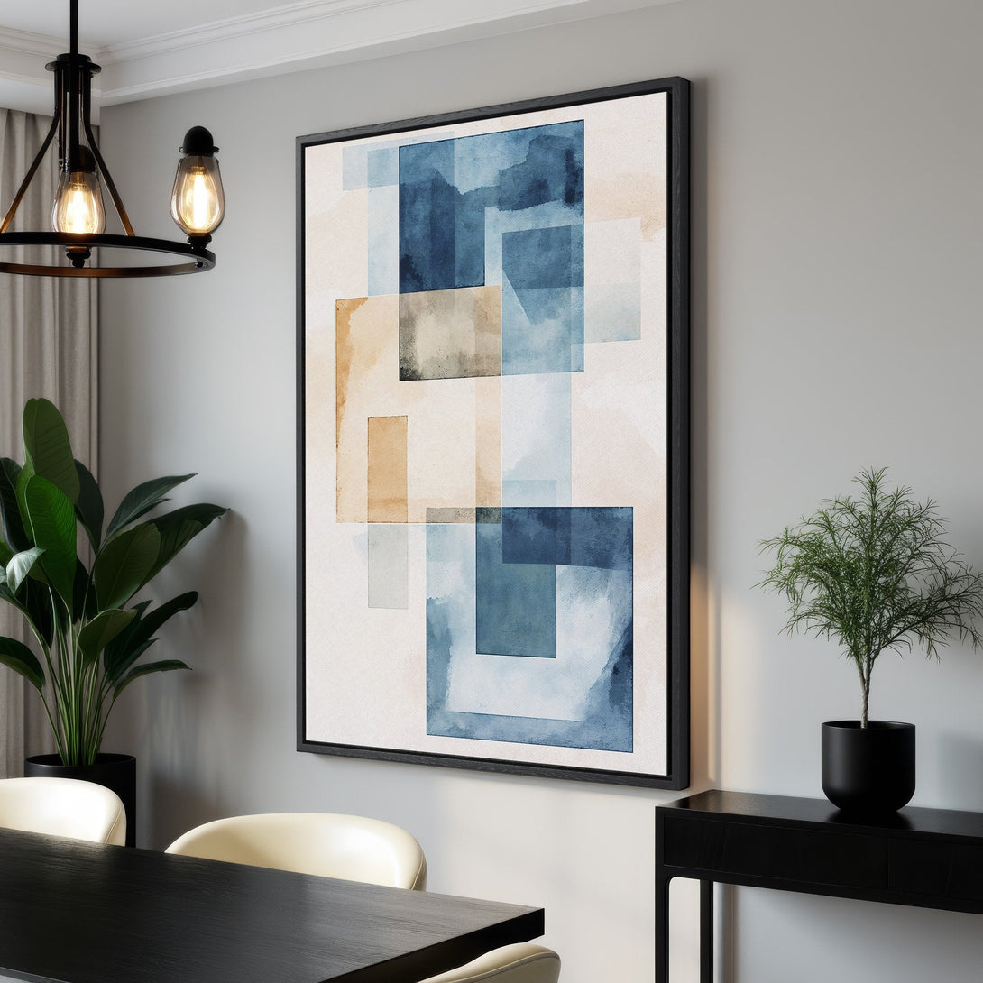 Framed Wall Art featuring abstract watercolor design in blue and beige tones. Modern art for living room or dining room decor.