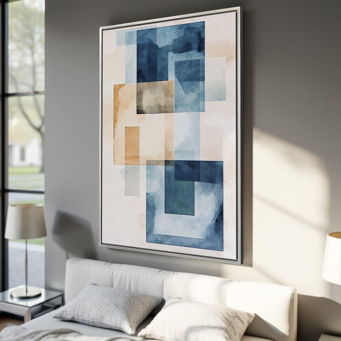 Framed Wall Art: Abstract watercolor canvas print in blue and tan hues. Modern art for your home decor, perfect for bedroom or living room.