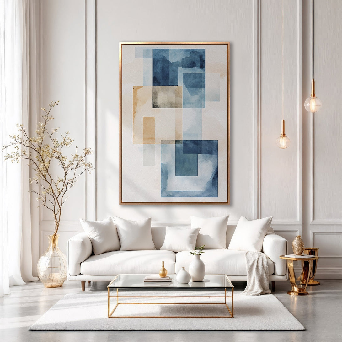 Framed Wall Art: Abstract blue & beige geometric canvas print in a modern living room. Elevate your space with this stylish, minimalist art piece.