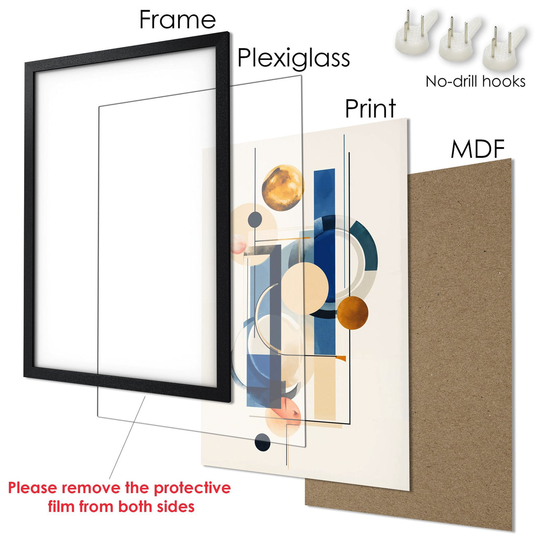 Framed Poster with abstract art in blue, beige, and gold. Modern style, ready to hang.