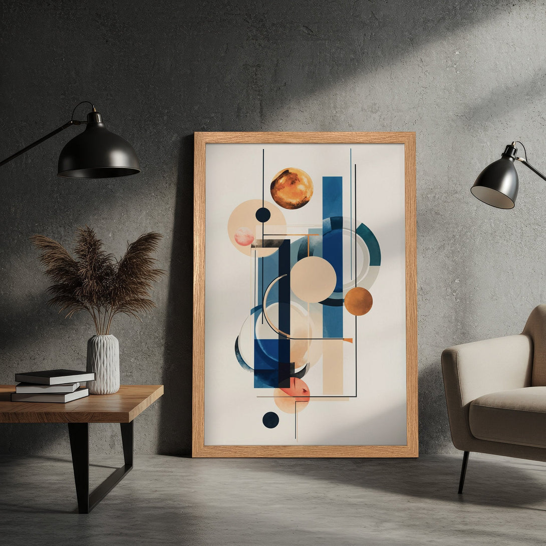 Framed Poster featuring abstract geometric art in blue, beige, and orange hues. Modern wall art for your home!
